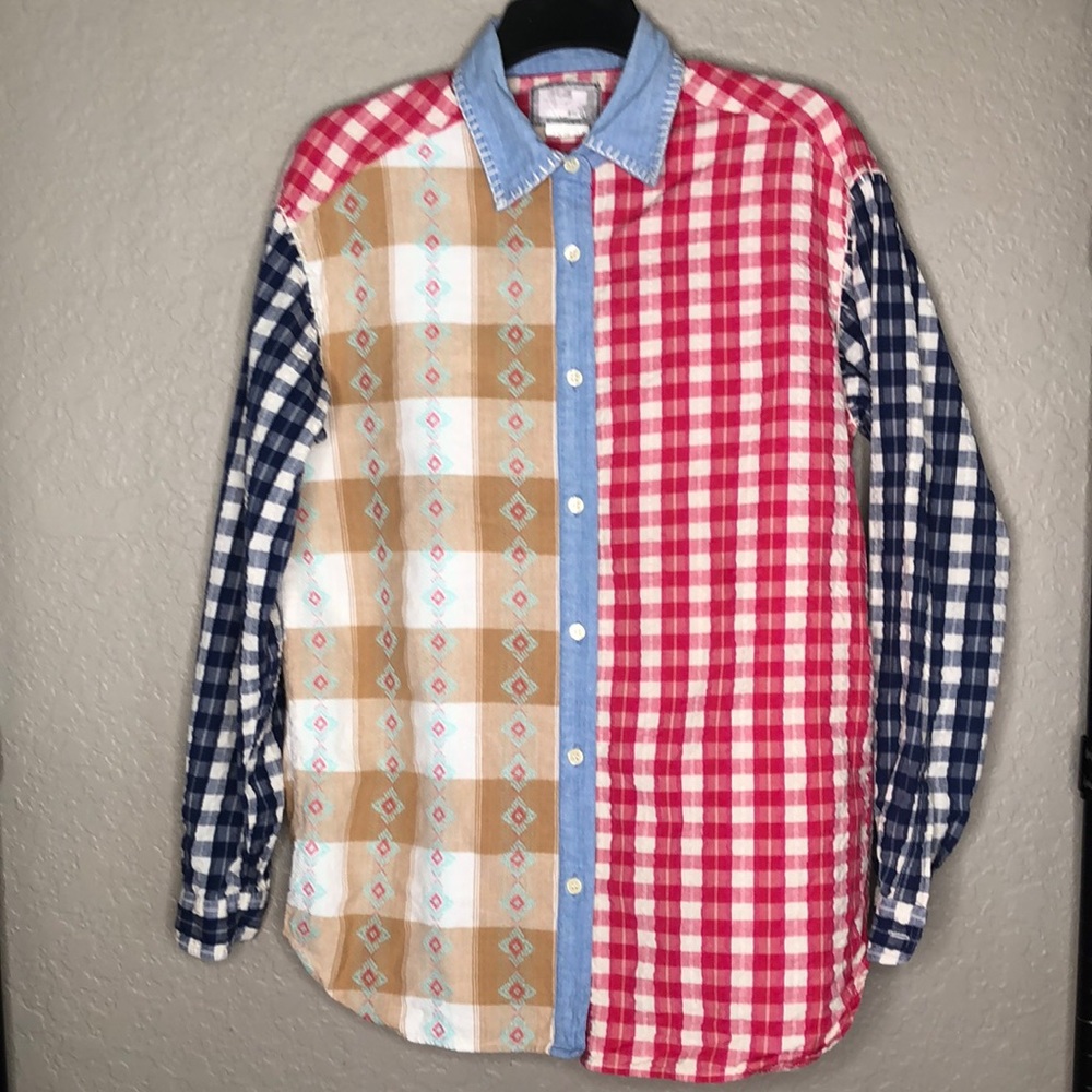Sam+Libby multi fabric (red blue gingham, Aztec print), topstitching.